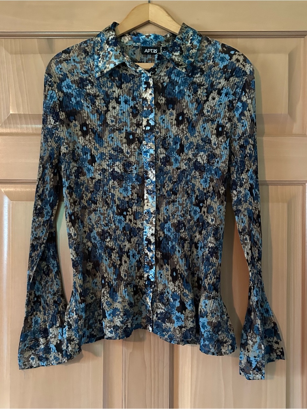 Apt. 9 Y2K Plisse Micro Pleated Floral Button Down Blouse Size 9 Blue